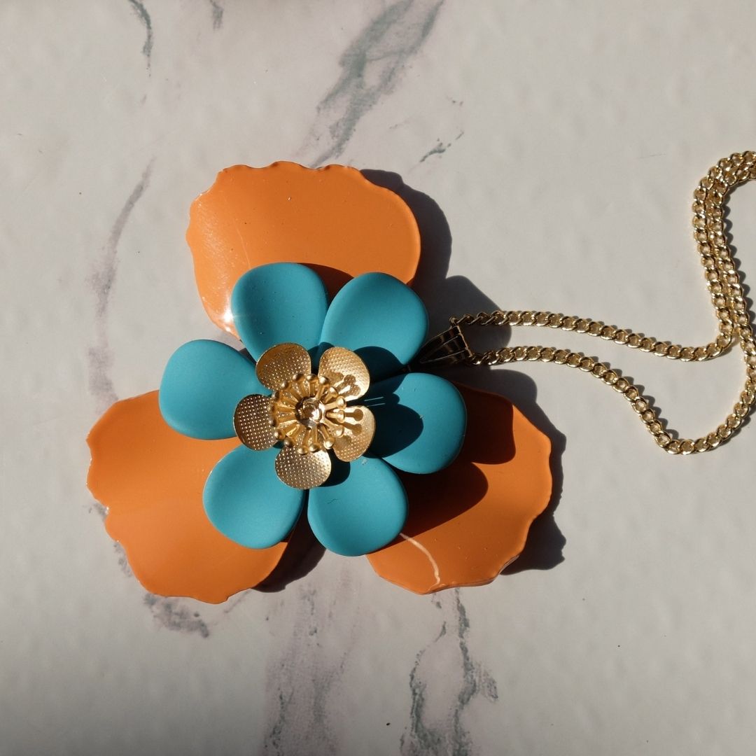 Orange and Turquoise Petal Pendant with Central Flower - ONE OF A KIND PIECE