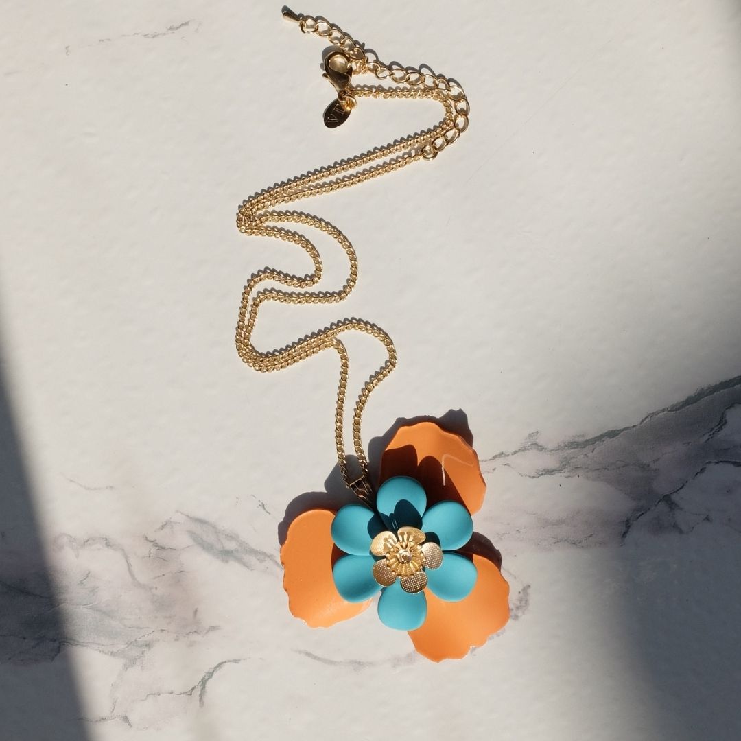 Orange and Turquoise Petal Pendant with Central Flower - ONE OF A KIND PIECE