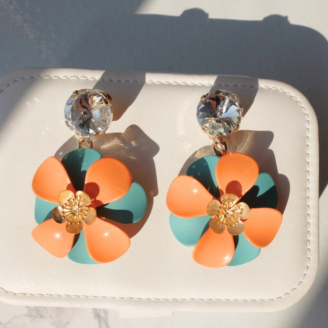 Orange and Turquoise "Petal" Earrings - with central golden flower