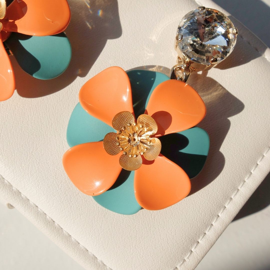 Orange and Turquoise "Petal" Earrings - with central golden flower