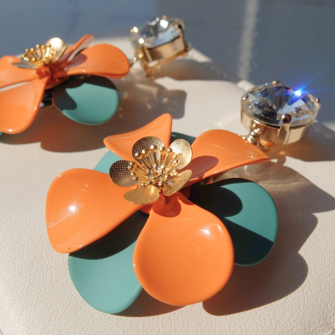 Orange and Turquoise "Petal" Earrings - with central golden flower