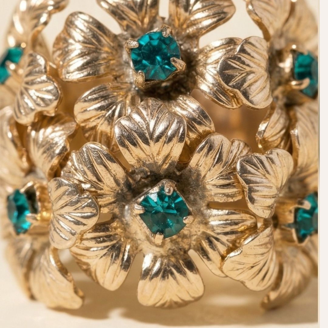 Anello Ghirlanda - fiori dorati e cristalli pavone