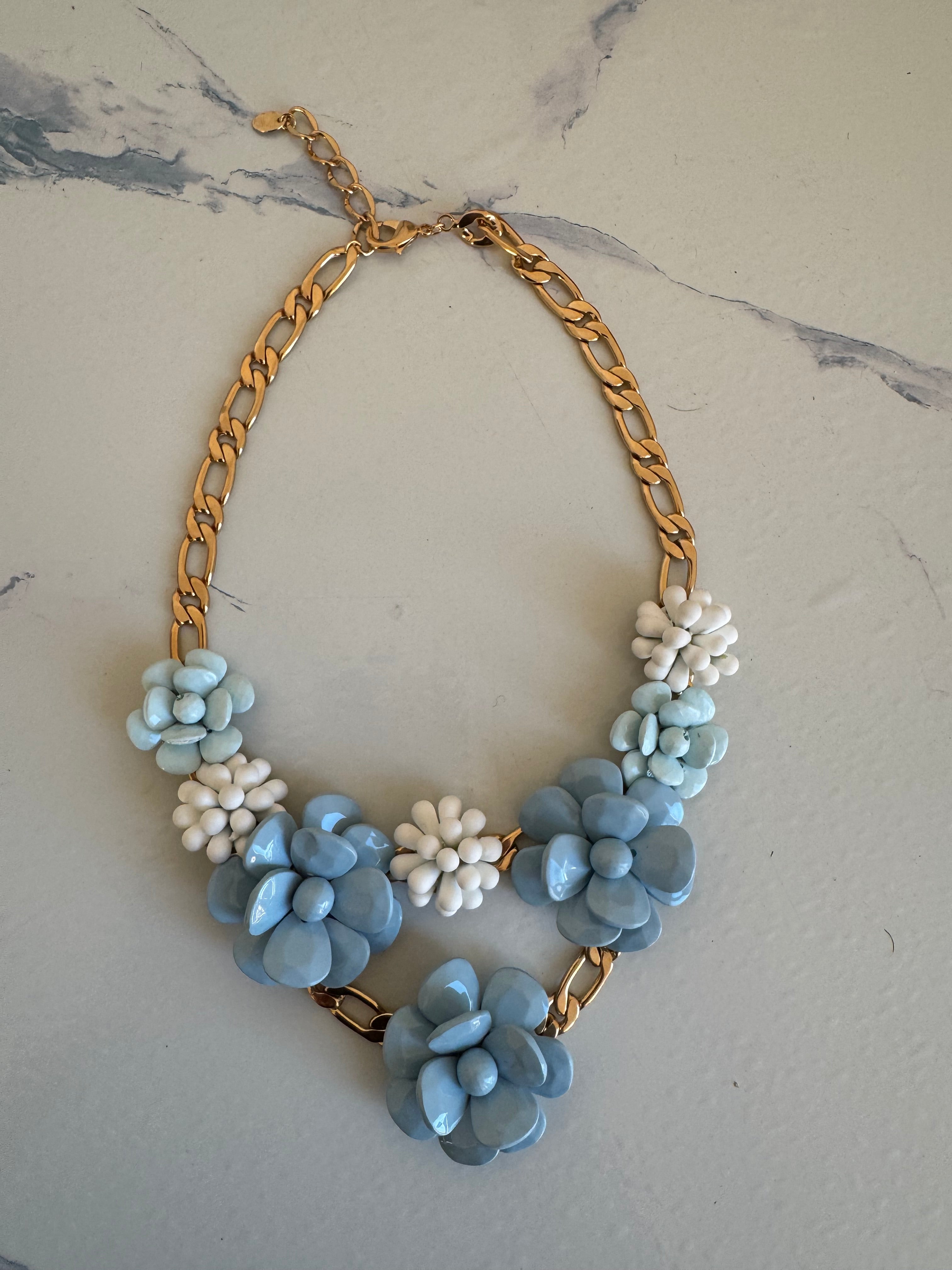 Collana Posillipo - PEZZO UNICO Fiori carta da zucchero, Azzurro candy e Cristalli