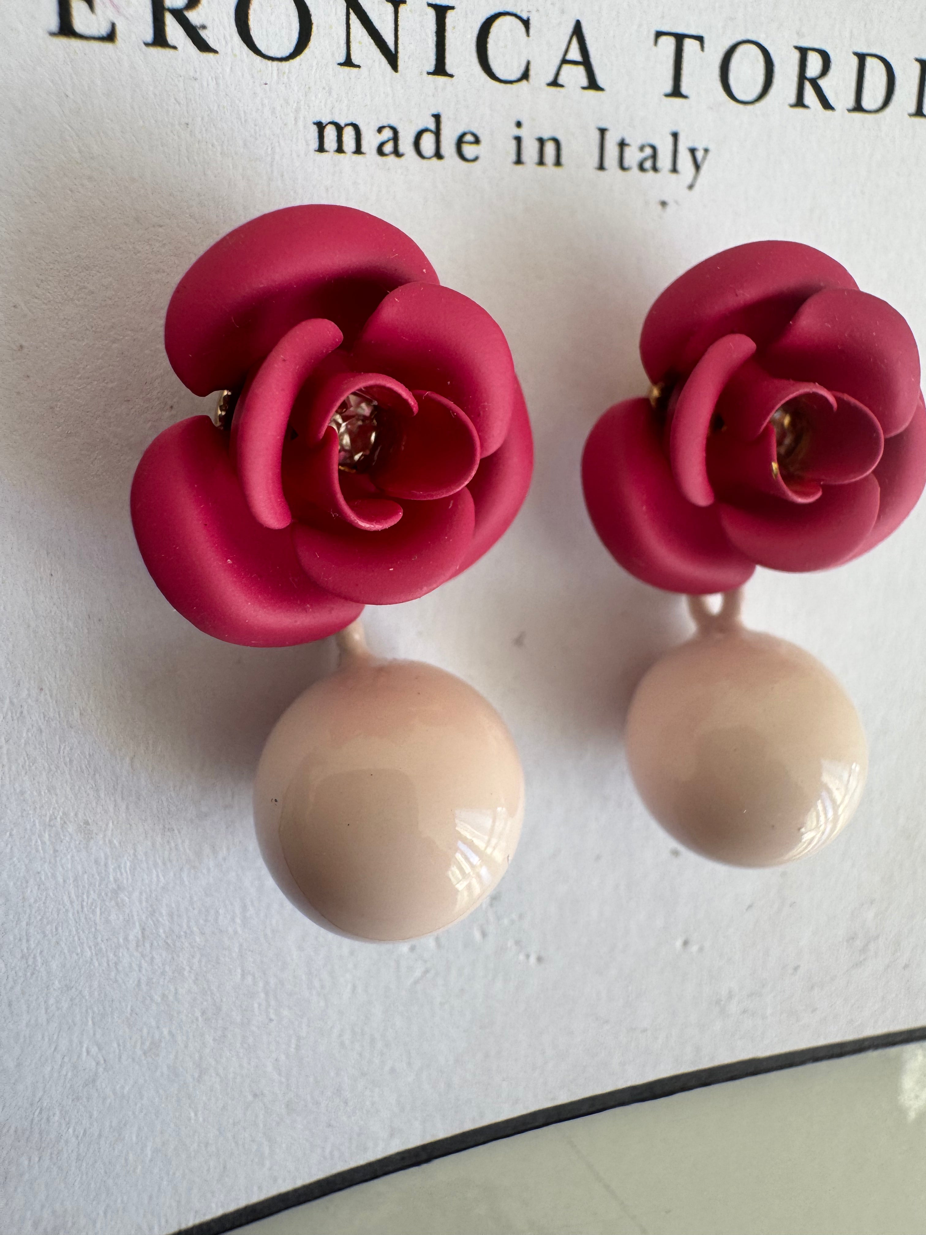 Orecchini Mini Peonia Fucsia - perla Rosa Cipria pendente