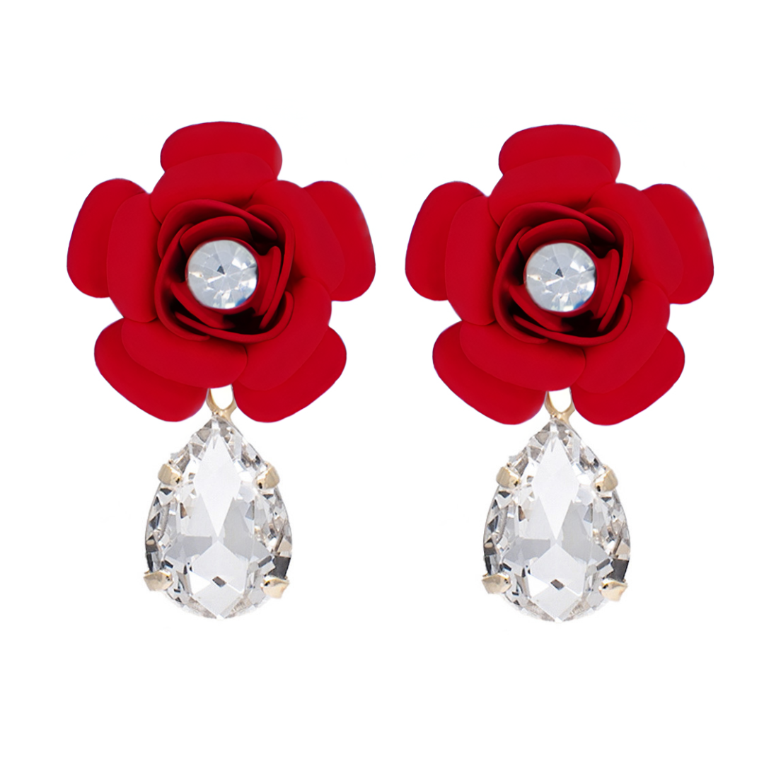 Red "Camelia" Drop Earrings with Crystal Drop 