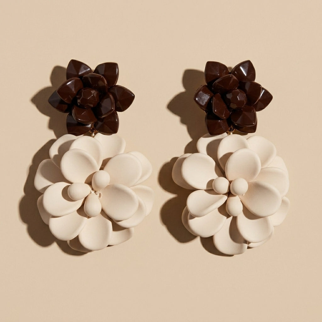 Orecchini Bicolor - Giglio Cioccolato lucido e Ibisco crema seta