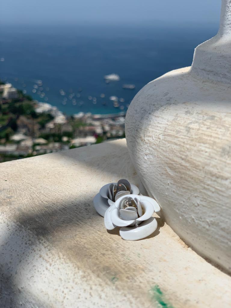 Single "Peony" Stud Earrings - White with Central Crystal