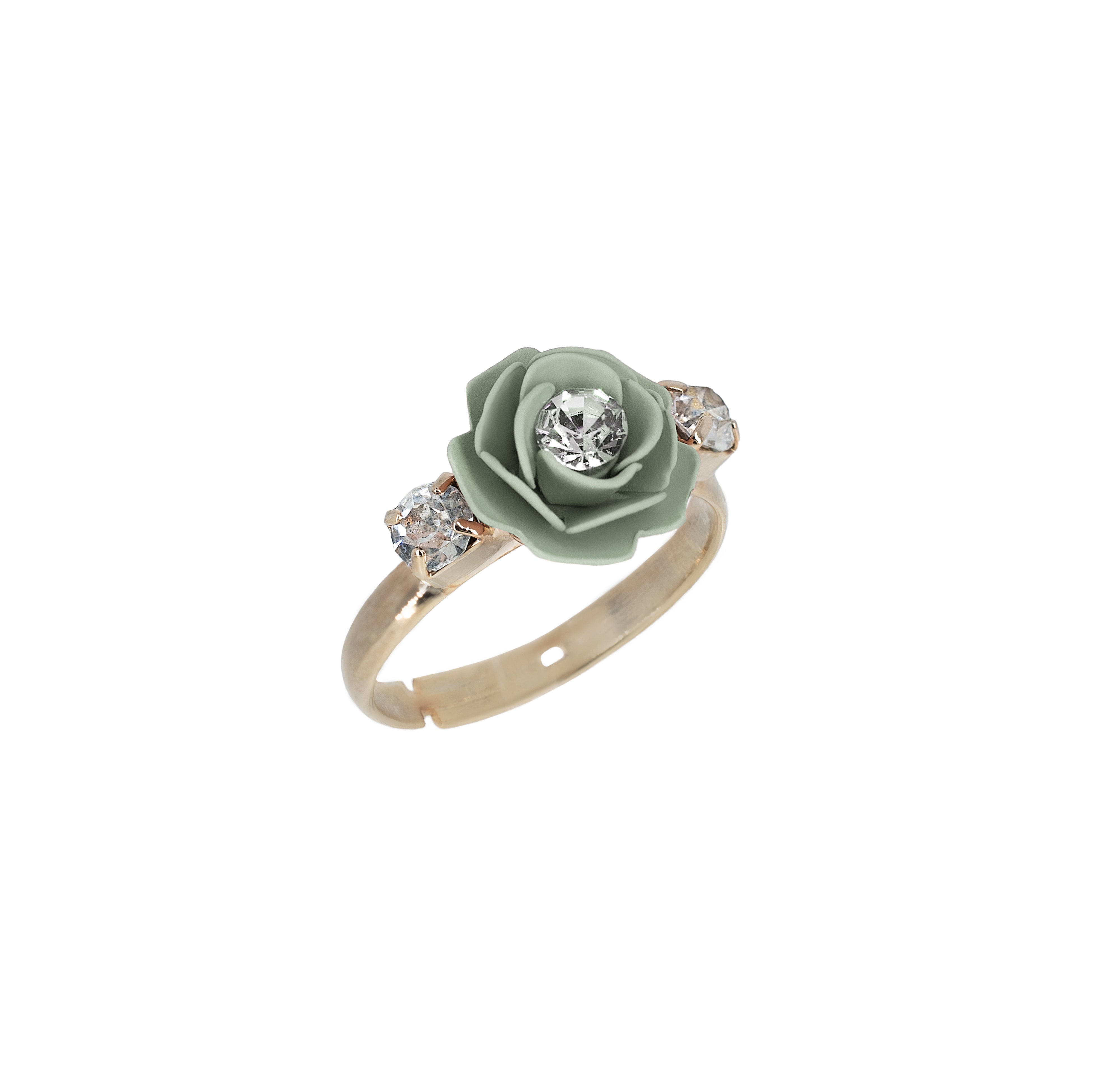 Adjustable Ring "Camelia" Sage Green with Crystals 