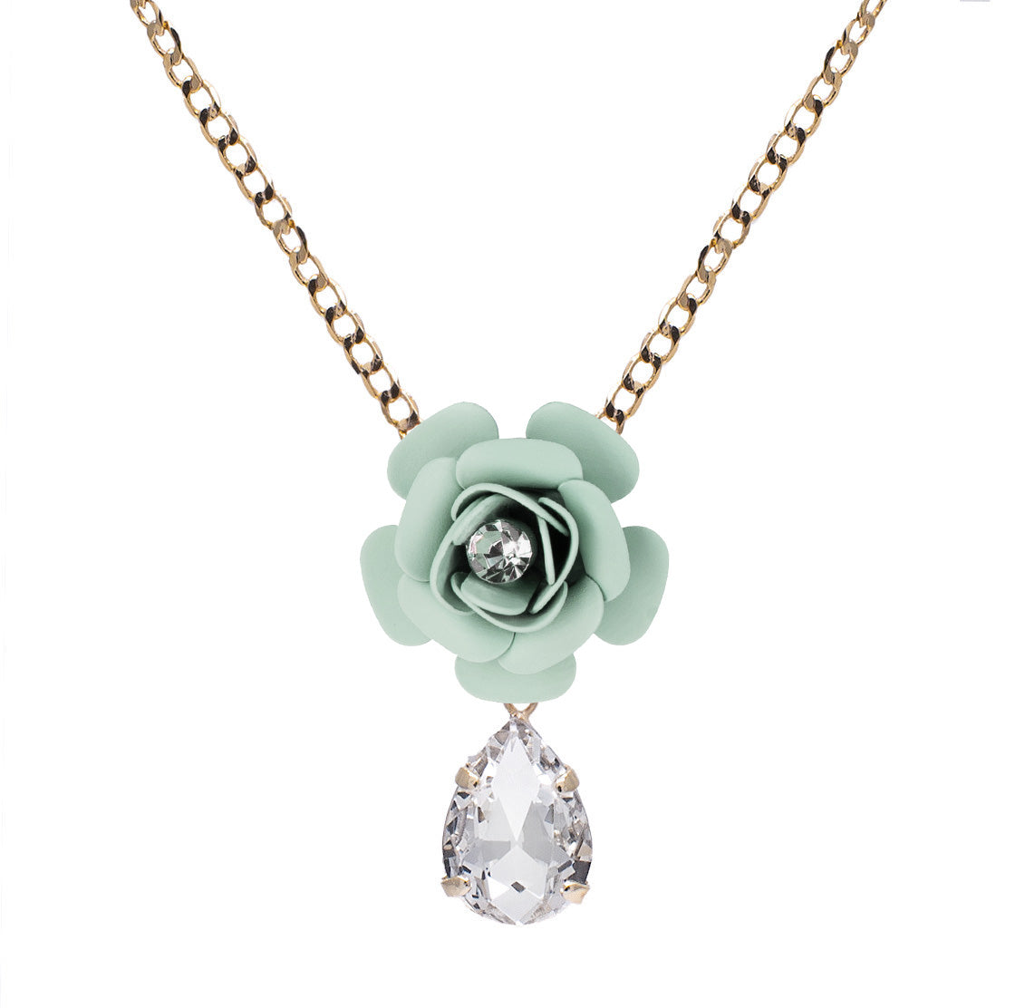 "Camelia" Pendant Necklace Sage Green with Crystal Drop 