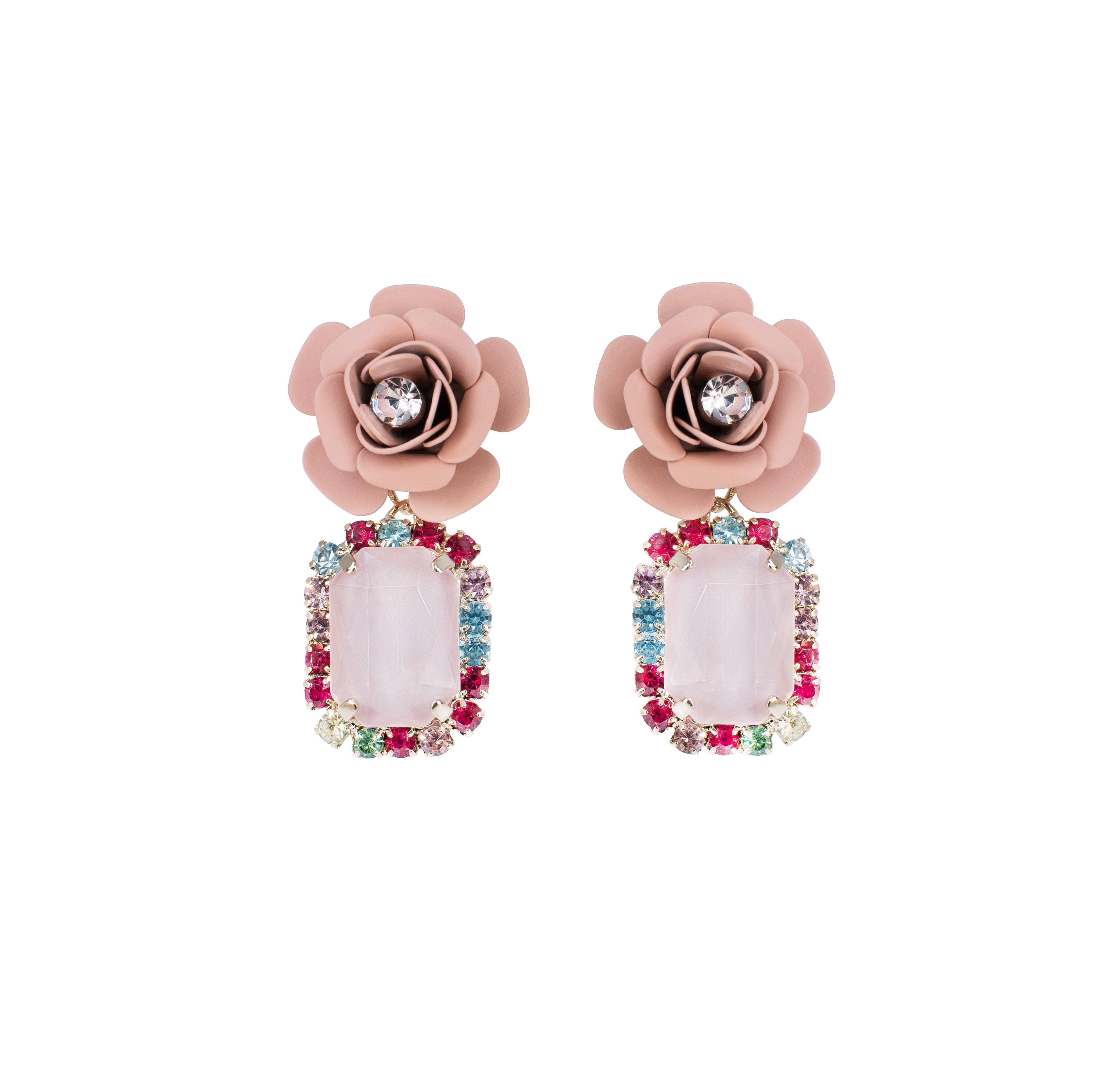 Tropical Decò "Camelia" Earrings - Powder Pink with Multicolor Crystals 