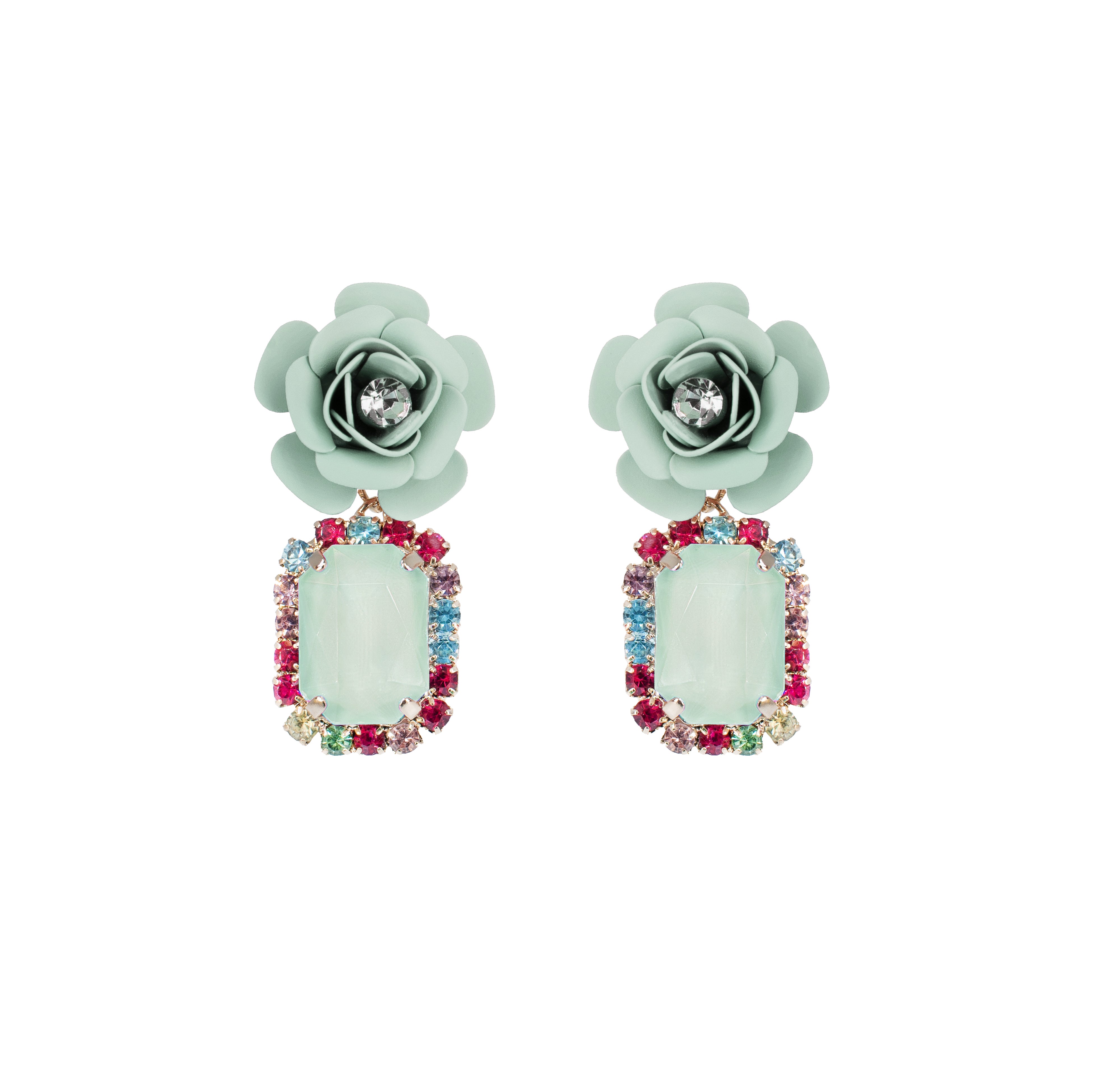 Tropical Decò "Camelia" Earrings - Sage Green with Multicolor Crystals 