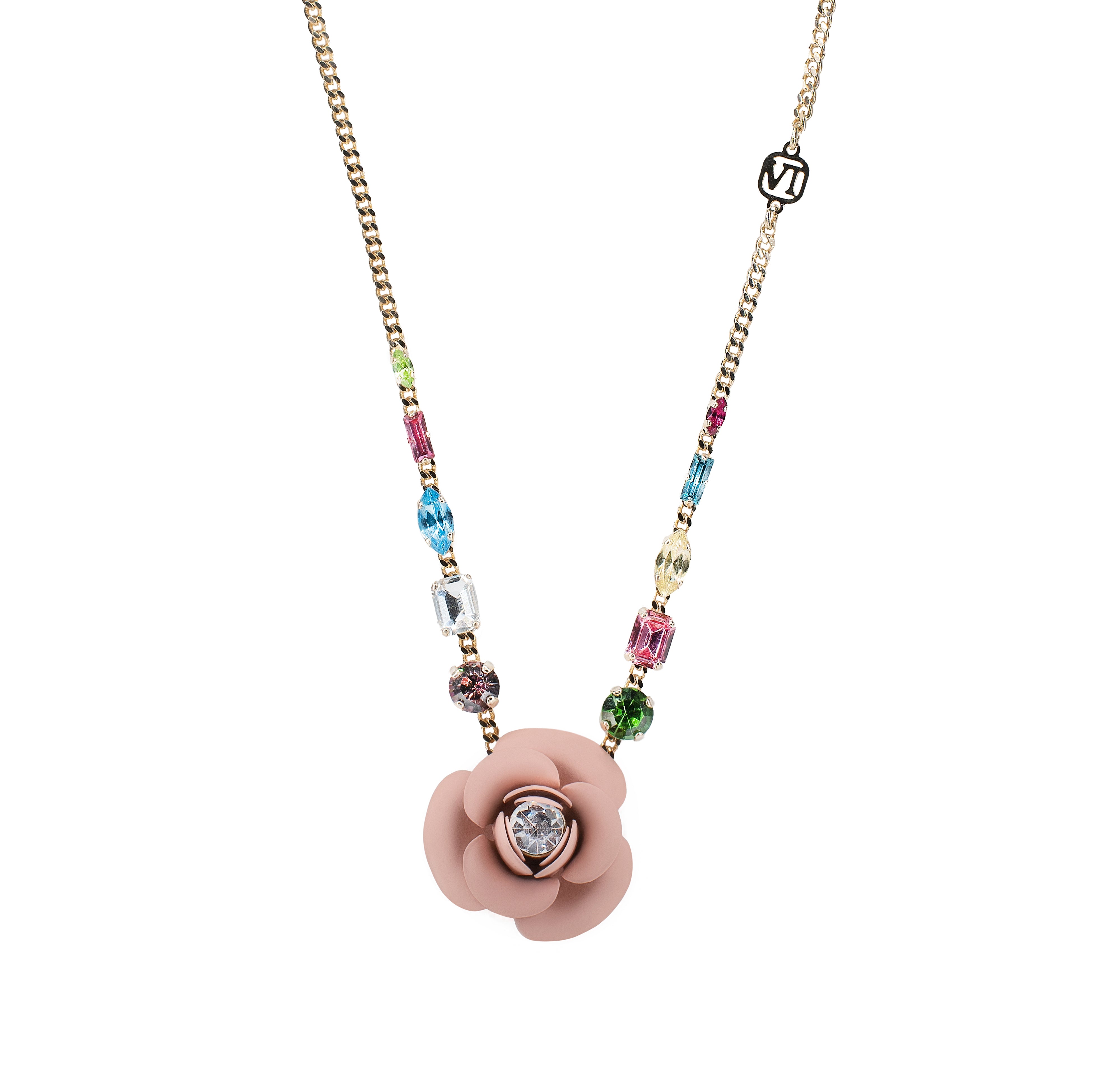 Tropical Deco "Peonia" Necklace - Powder Pink with Multicolor Crystals 