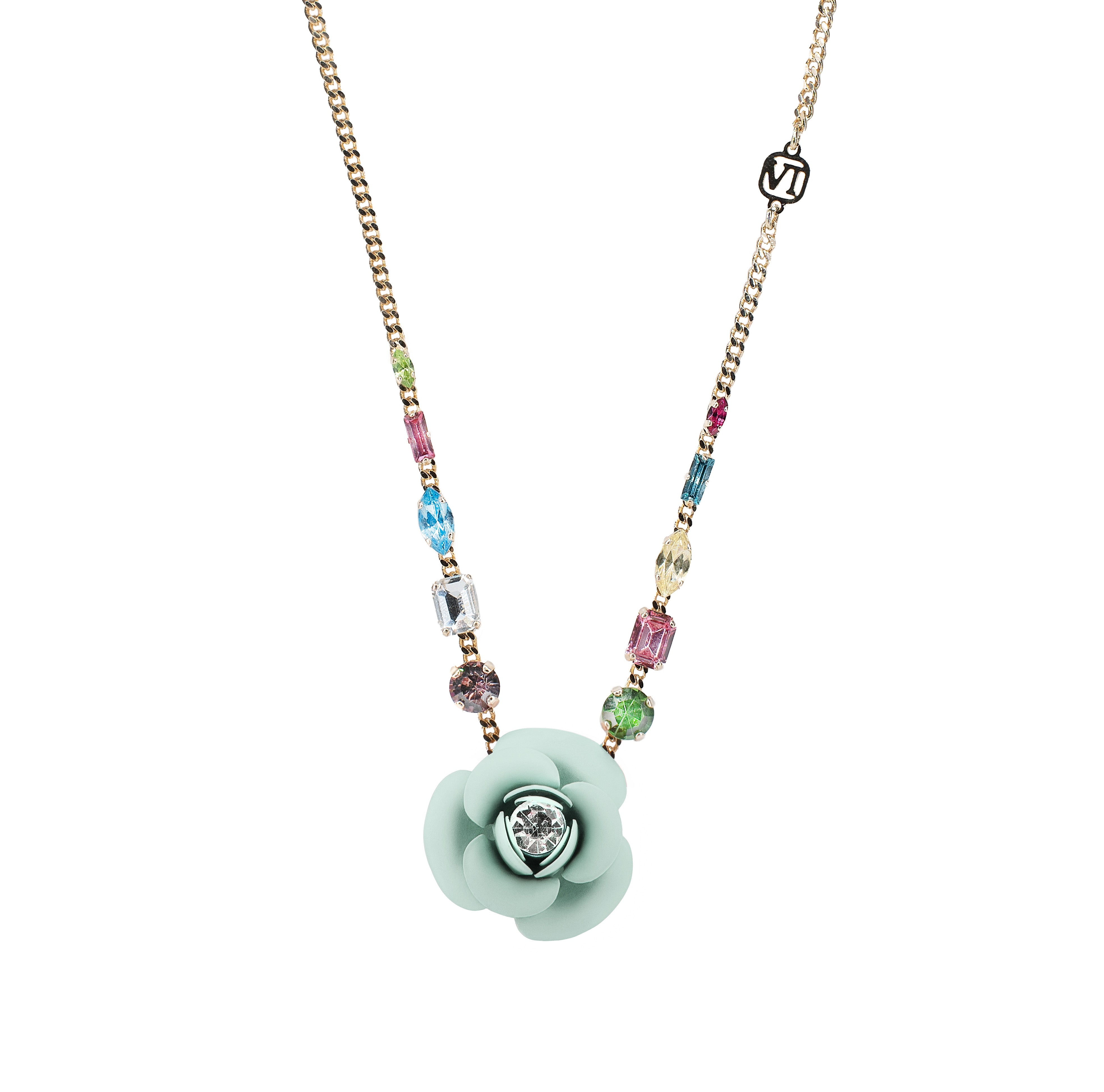 Tropical Deco "Peonia" Necklace - Sage Green with Multicolor Crystals 