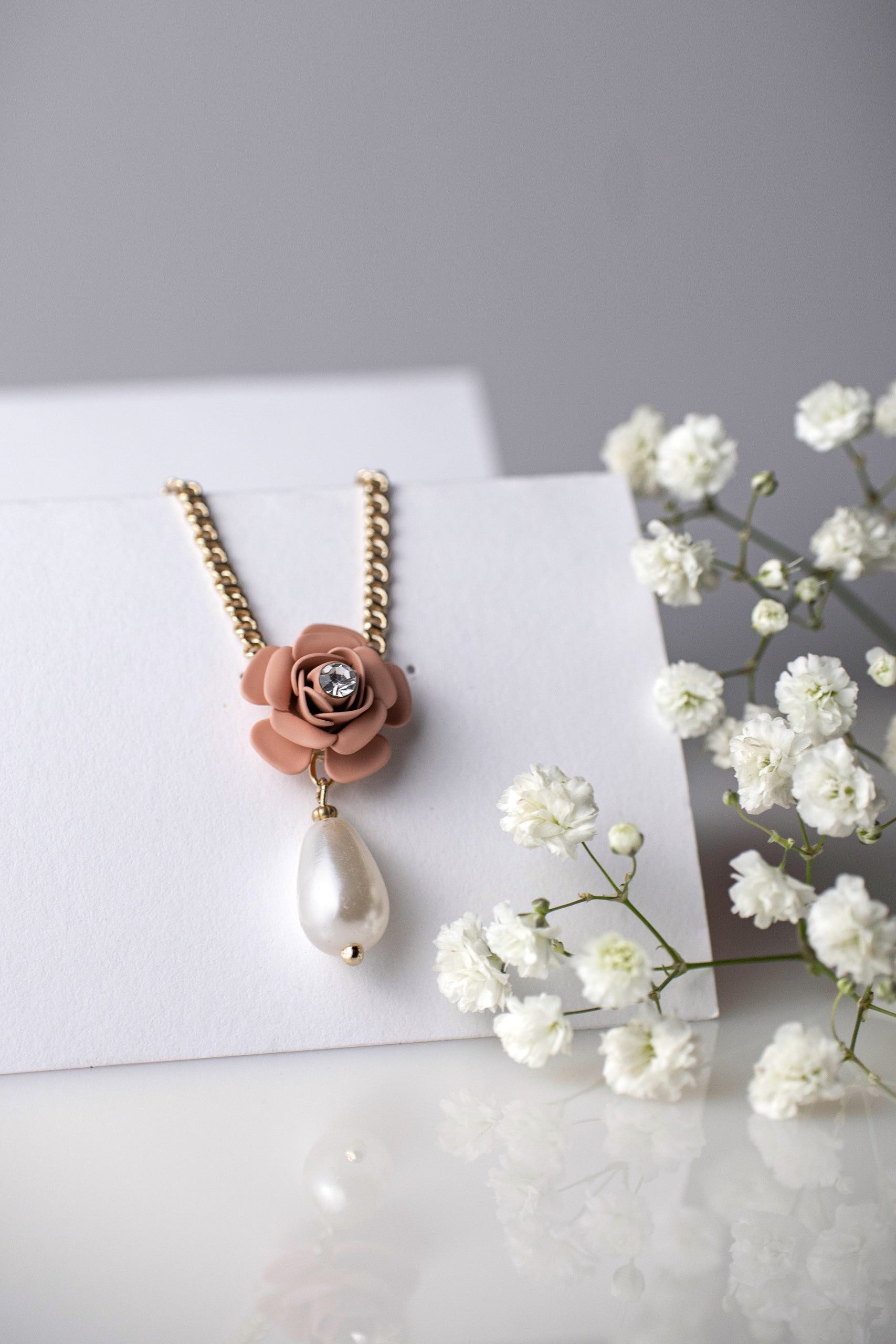 "Camelia" Pendant Necklace Powder Pink with Pearl Pendant 