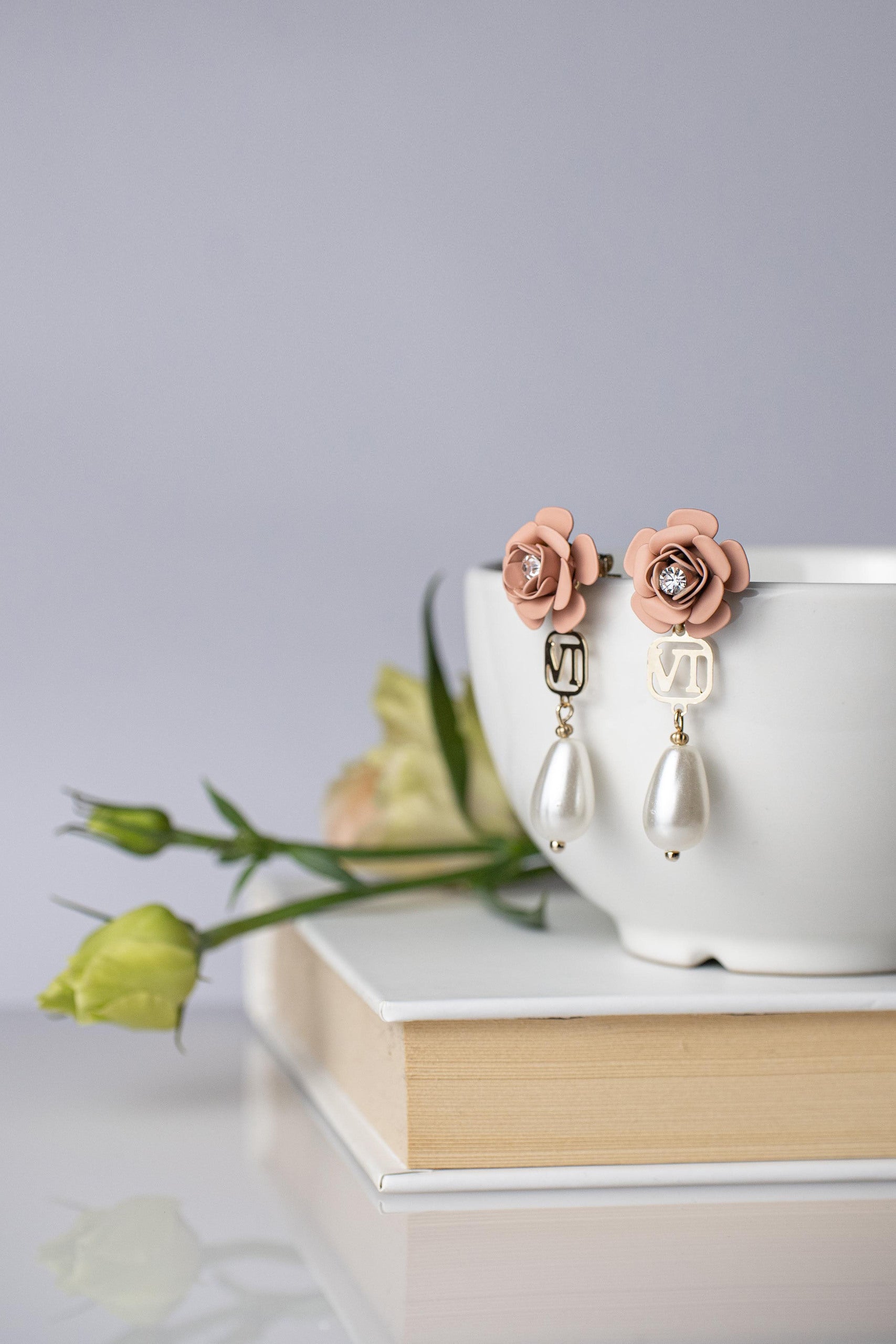 "Camelia" drop earrings in powder pink with crystal and pearl