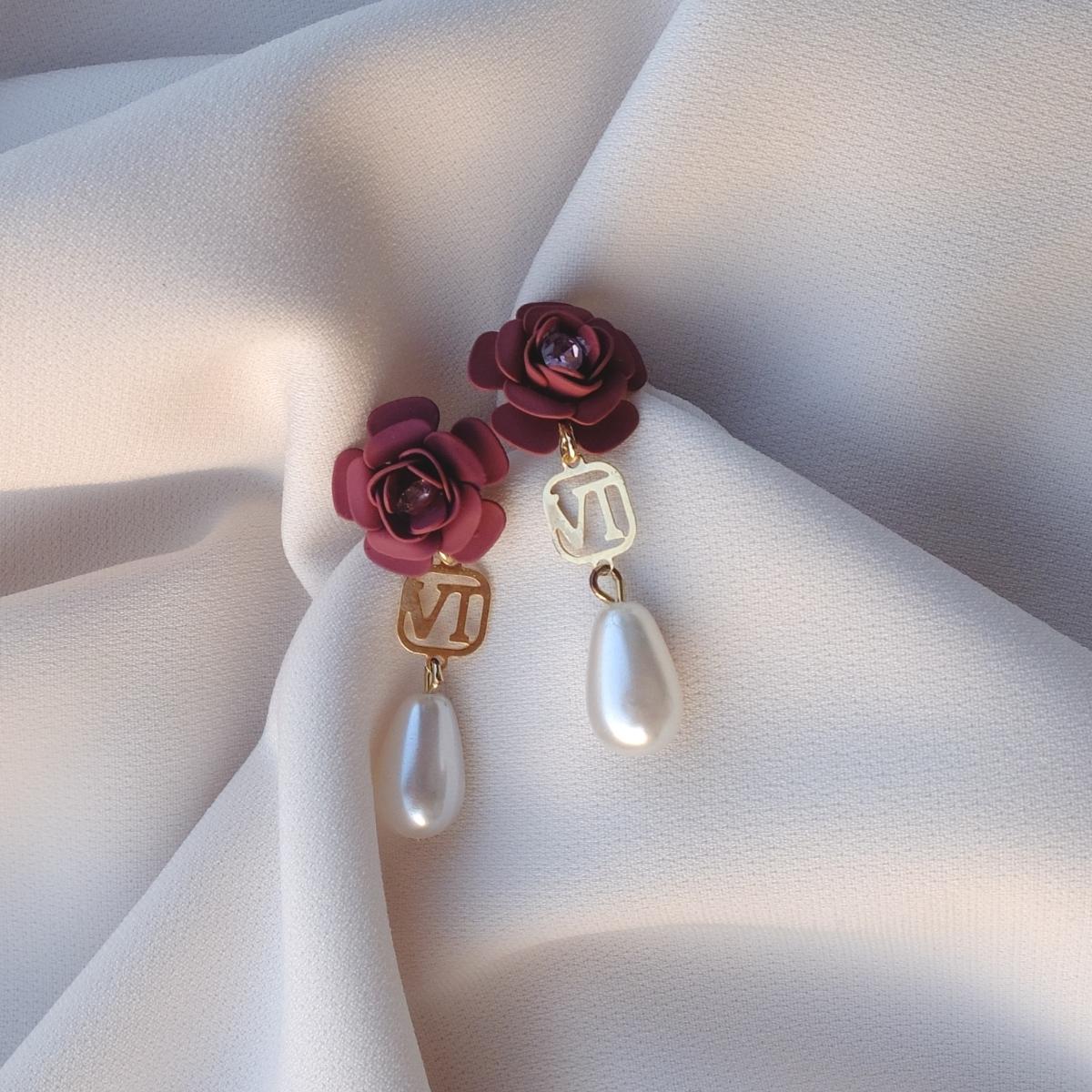 "Camelia" cherry pendant earrings with mauve crystal and pearl