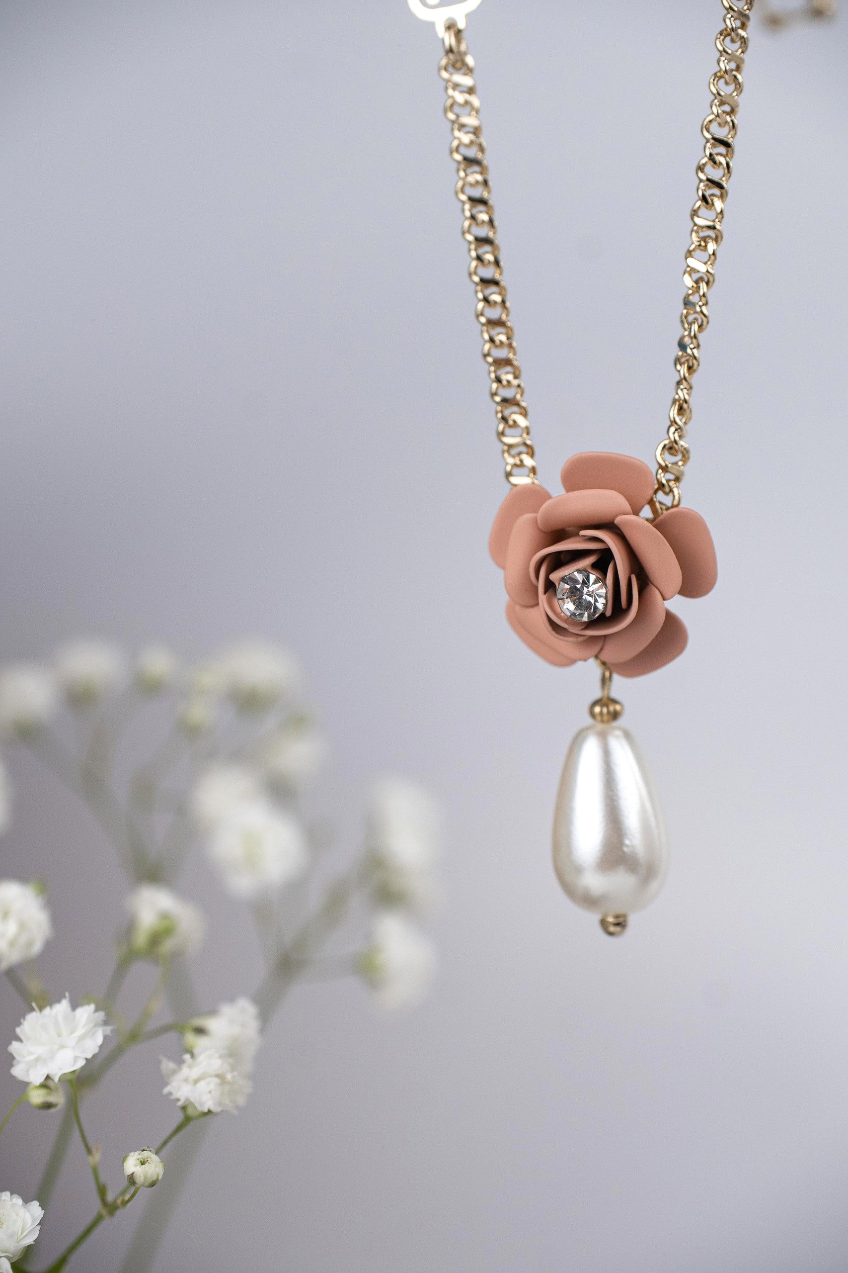 "Camelia" Pendant Necklace Powder Pink with Pearl Pendant 