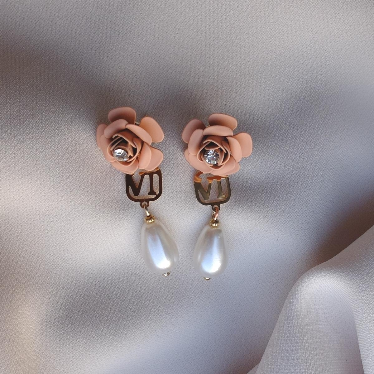 "Camelia" drop earrings in powder pink with crystal and pearl