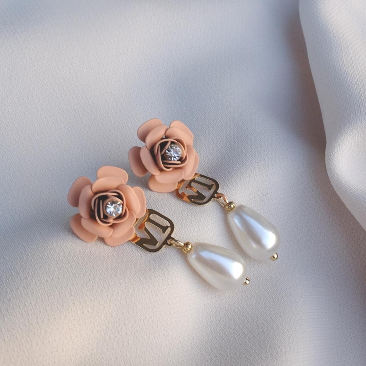 "Camelia" drop earrings in powder pink with crystal and pearl