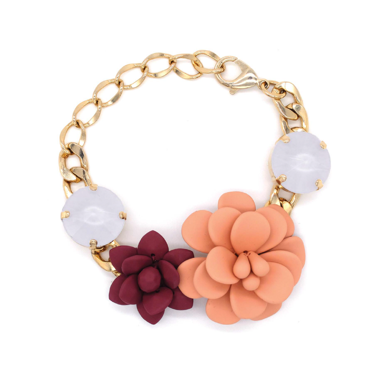 Pink Hibiscus and Cherry Bracelet with White Stones