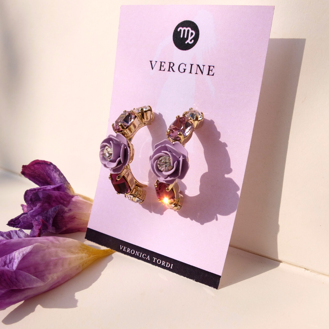 "Virgo" Hoop Earrings with Camellia Wisteria and Crystals