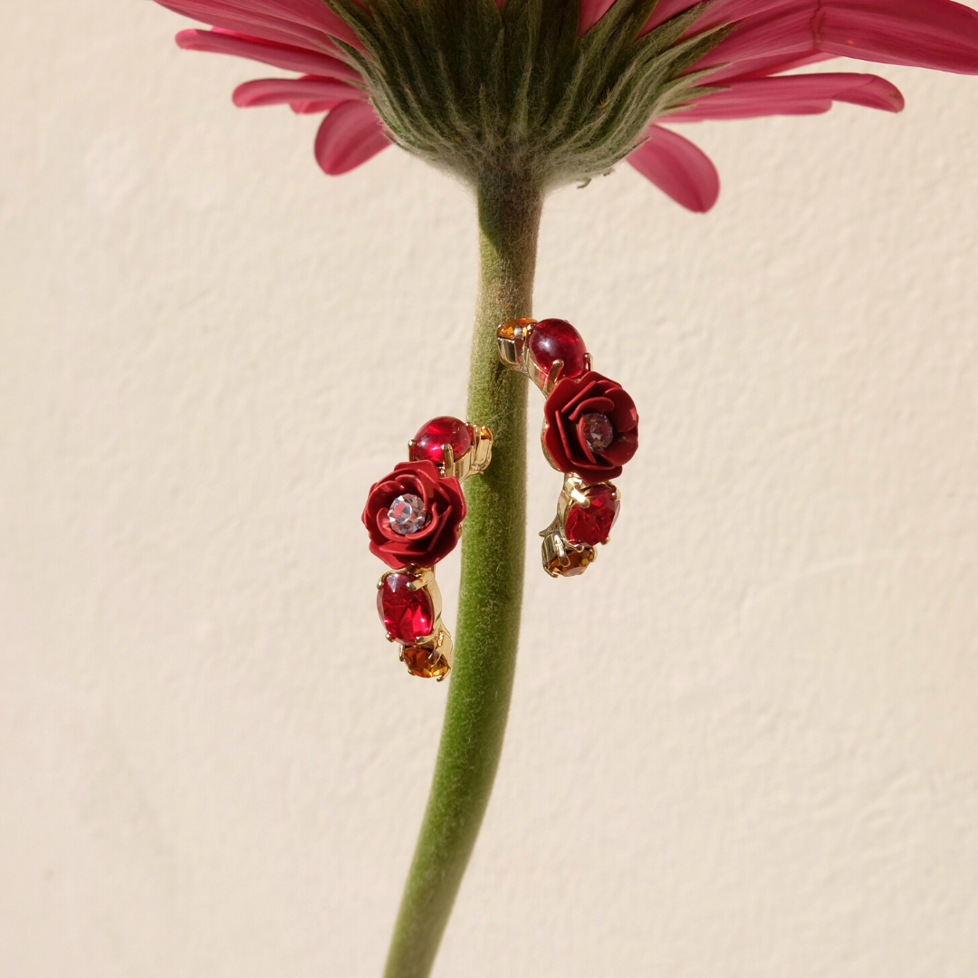 "Aries" Hoop Earrings with Red Camellia and Crystals