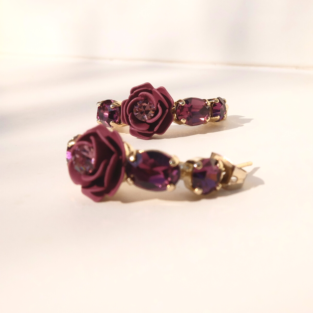 "Sagittarius" Hoop Earrings with Cherry Camellias and Crystals