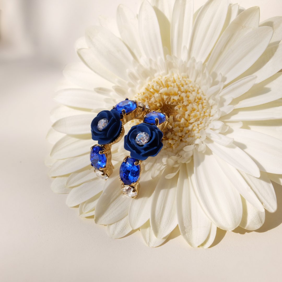 "Aquarius" Hoop Earrings with Blue Camellia and Crystals