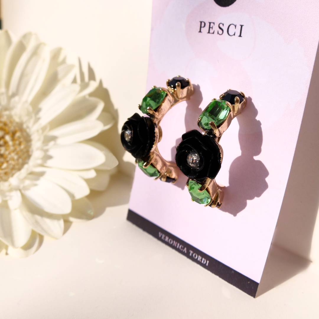 "Pisces" Hoop Earrings with Shiny Black Camellia and Crystals