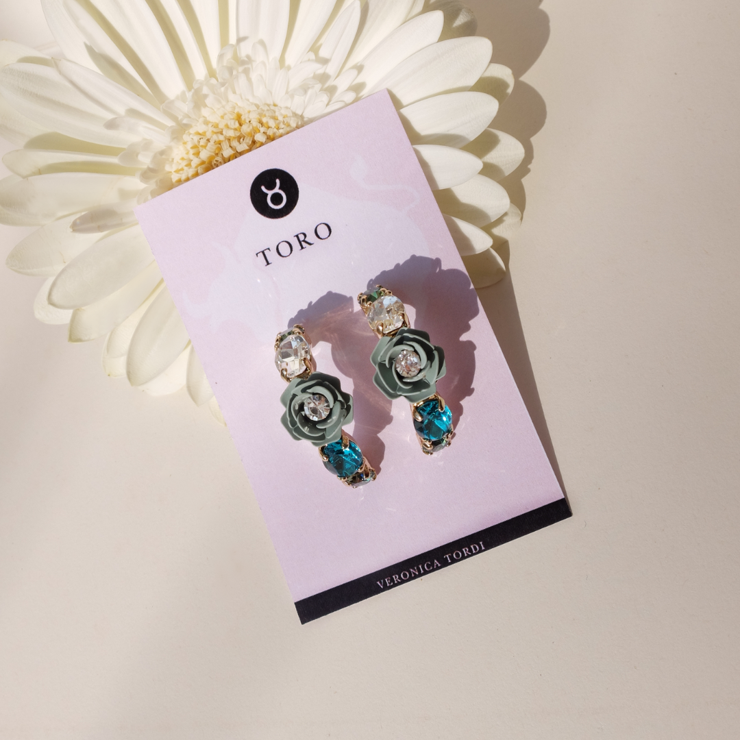 "Toro" Hoop Earrings with Sage Green Camellia and Crystals