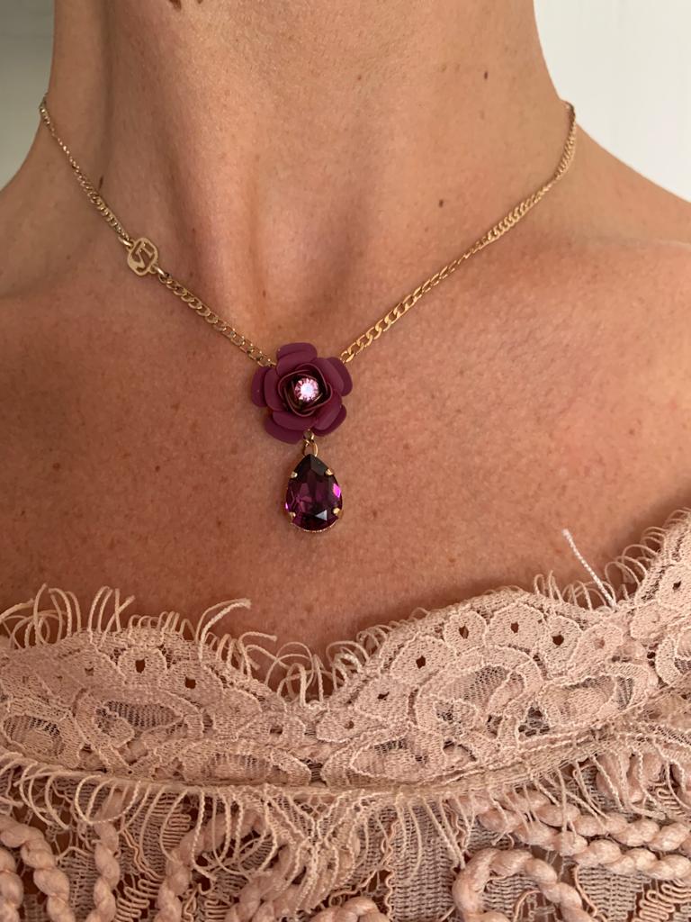 "Camelia" Cherry Pendant Necklace with Amethyst Drop 