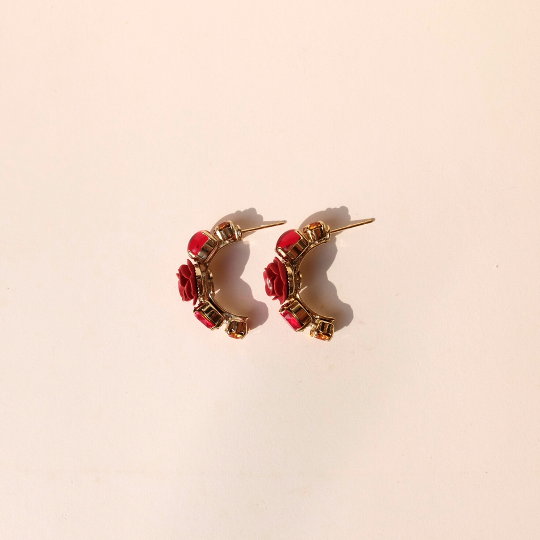 "Aries" Hoop Earrings with Red Camellia and Crystals