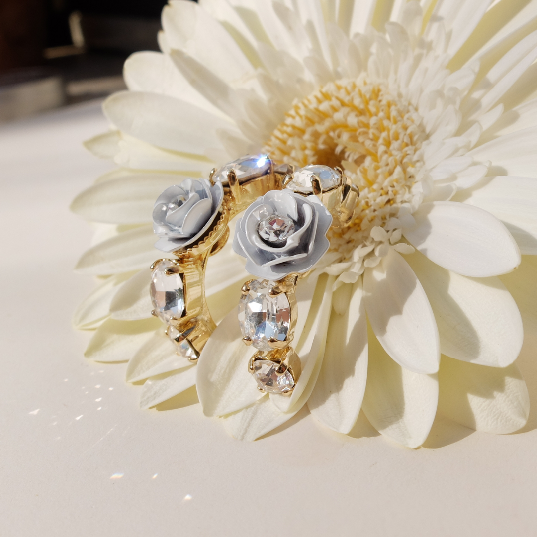 "Gemini" Hoop Earrings with White Camellia and Crystals