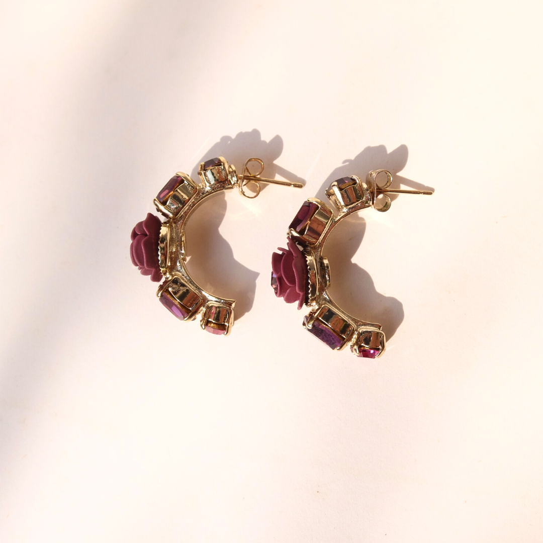 "Sagittarius" Hoop Earrings with Cherry Camellias and Crystals