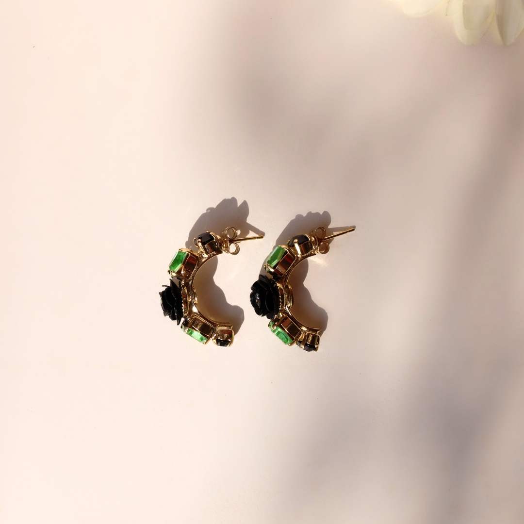 "Pisces" Hoop Earrings with Shiny Black Camellia and Crystals