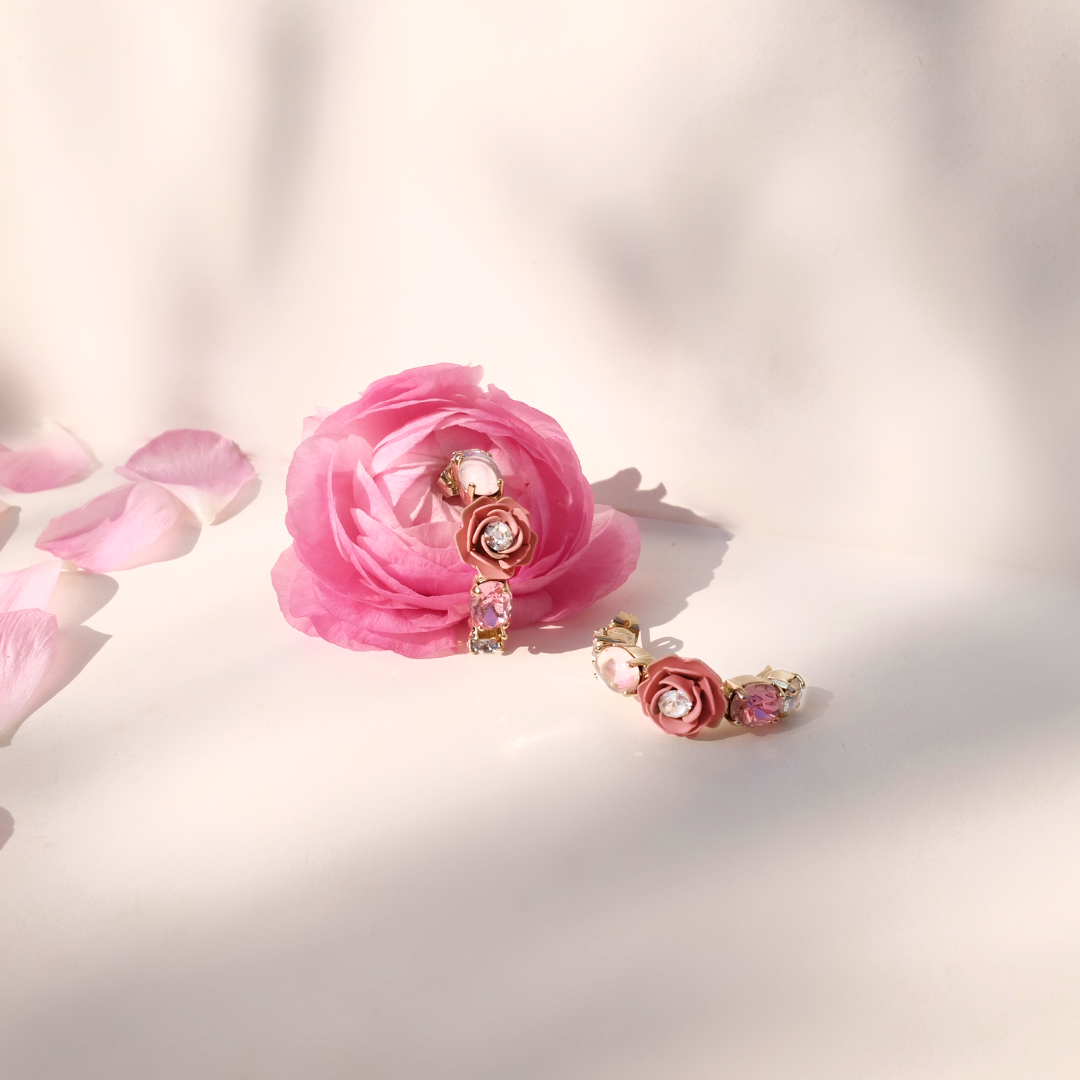 "Cancer" Hoop Earrings with Pink Camellia and Crystals