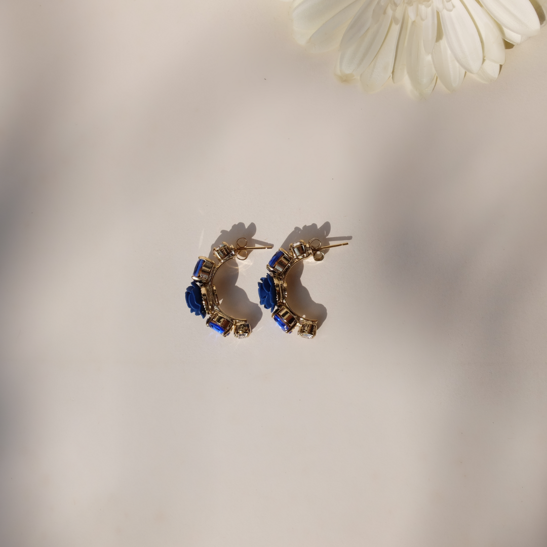 "Aquarius" Hoop Earrings with Blue Camellia and Crystals