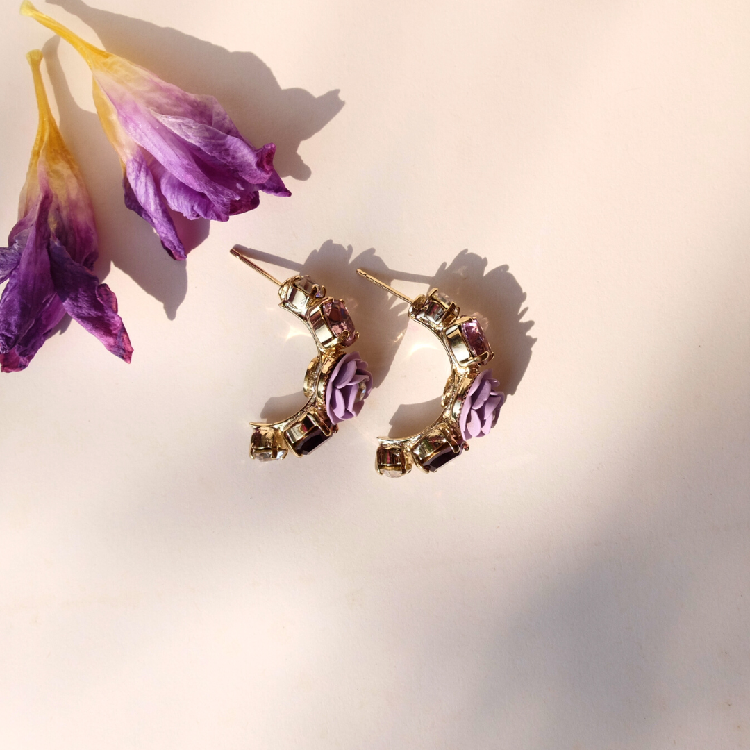 "Virgo" Hoop Earrings with Camellia Wisteria and Crystals