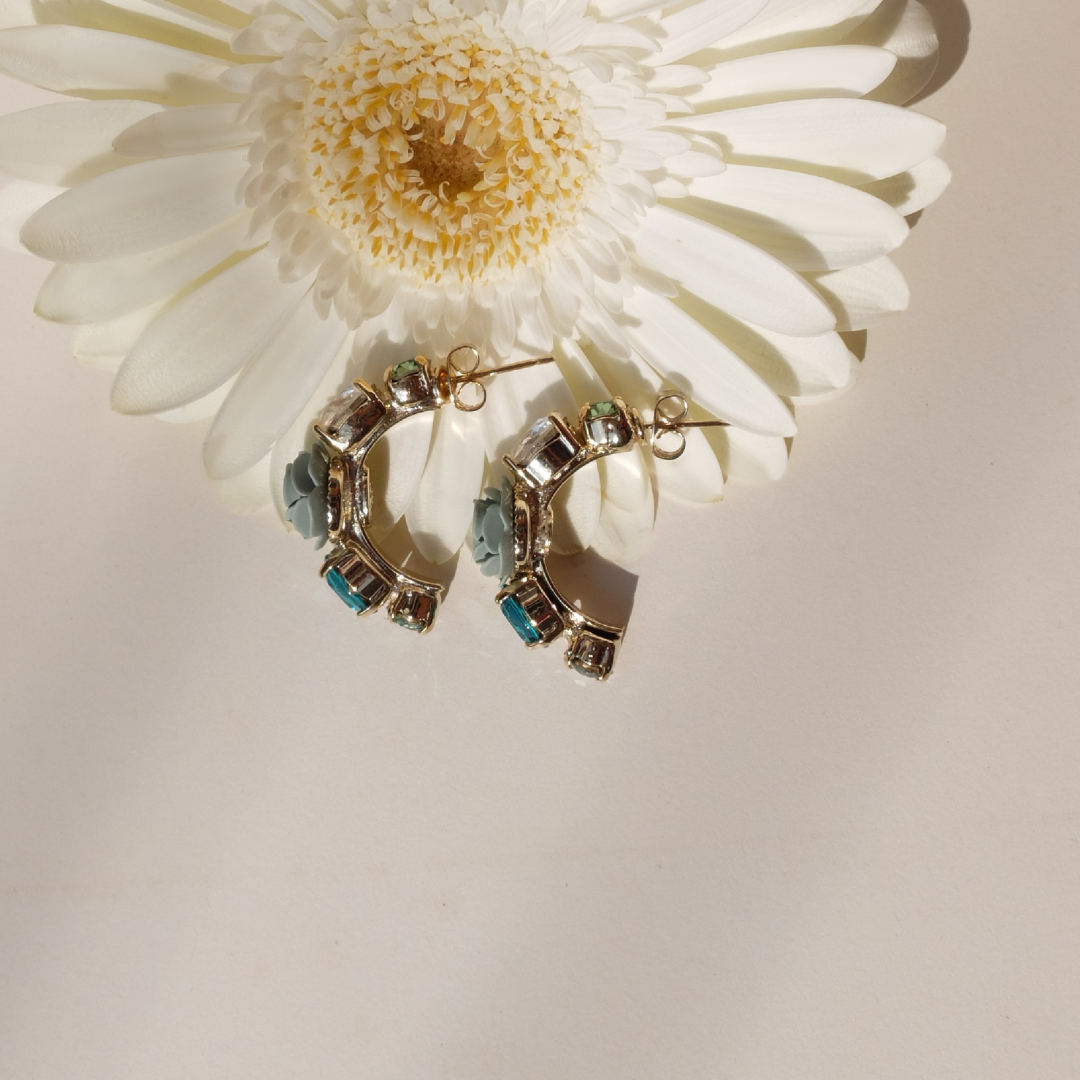 "Toro" Hoop Earrings with Sage Green Camellia and Crystals