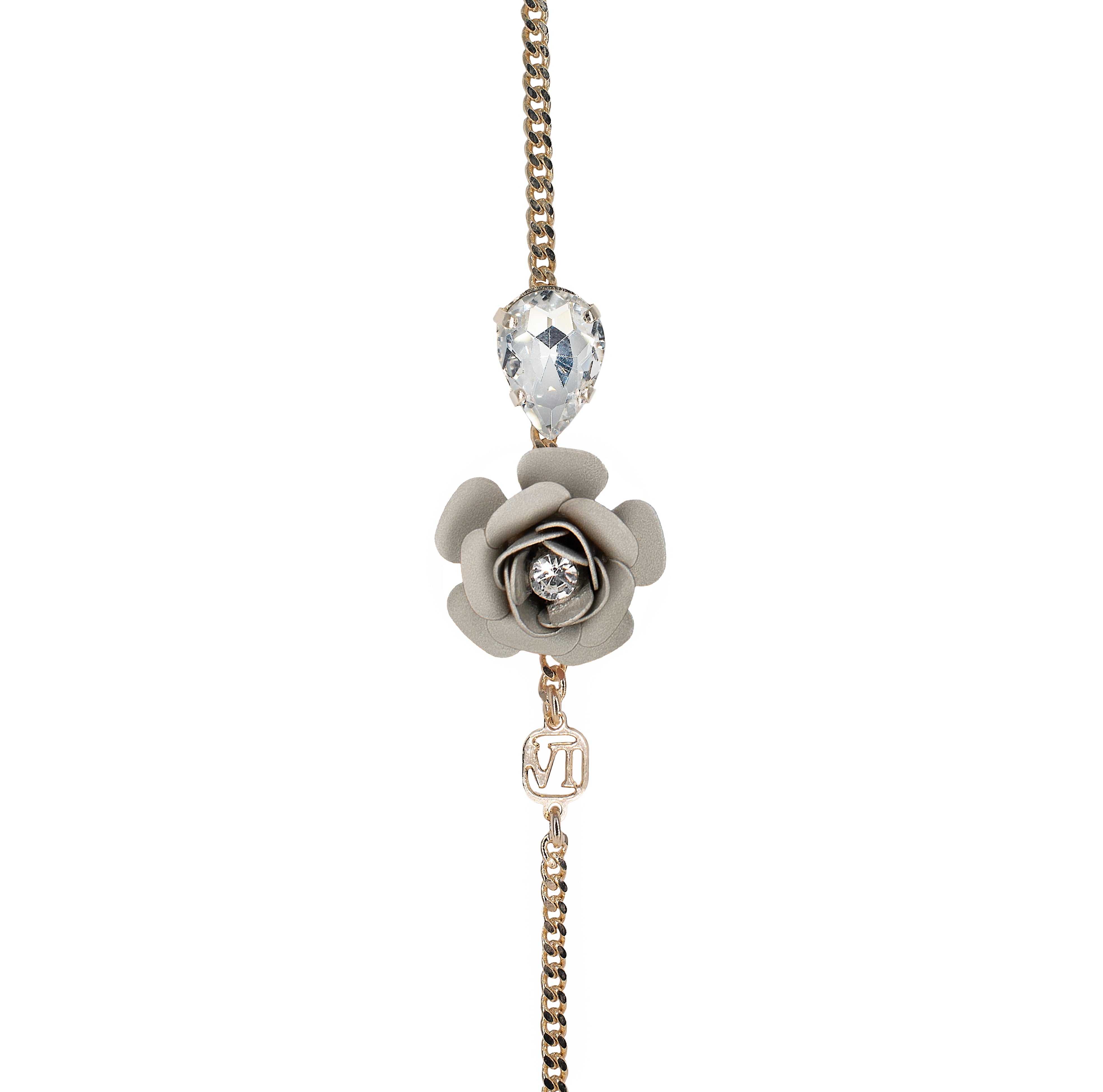 Adjustable Bracelet "Camelia" - Metallic Platinum with Crystal Drop 