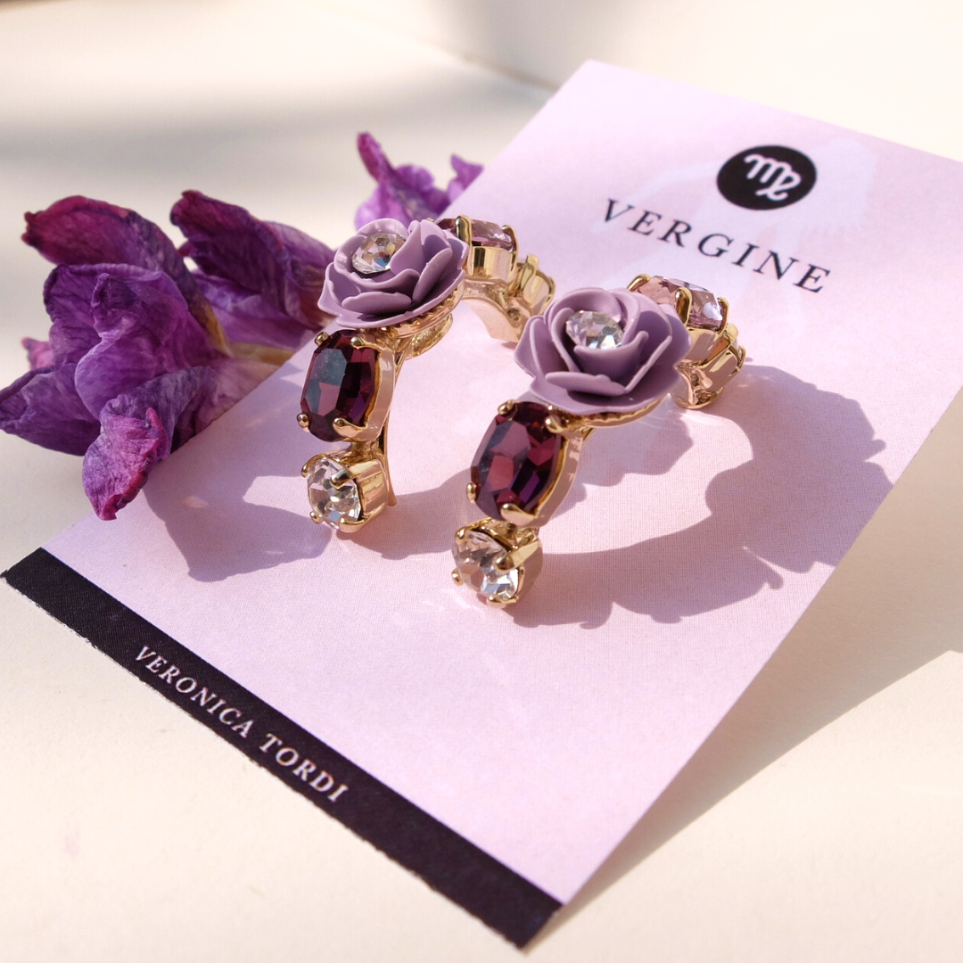 "Virgo" Hoop Earrings with Camellia Wisteria and Crystals