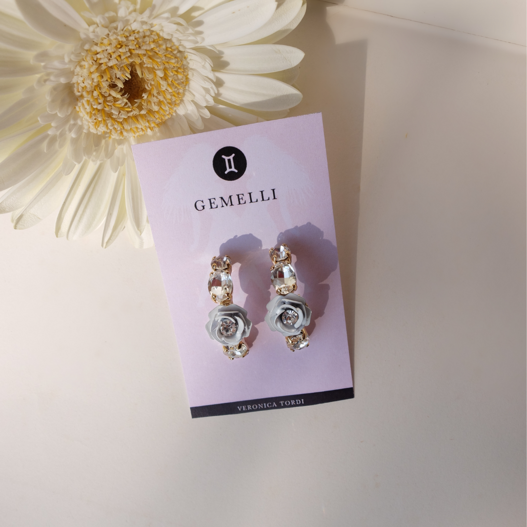 "Gemini" Hoop Earrings with White Camellia and Crystals