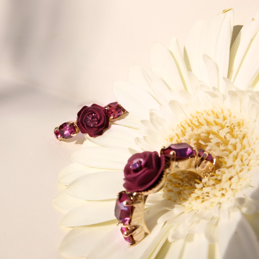 "Sagittarius" Hoop Earrings with Cherry Camellias and Crystals