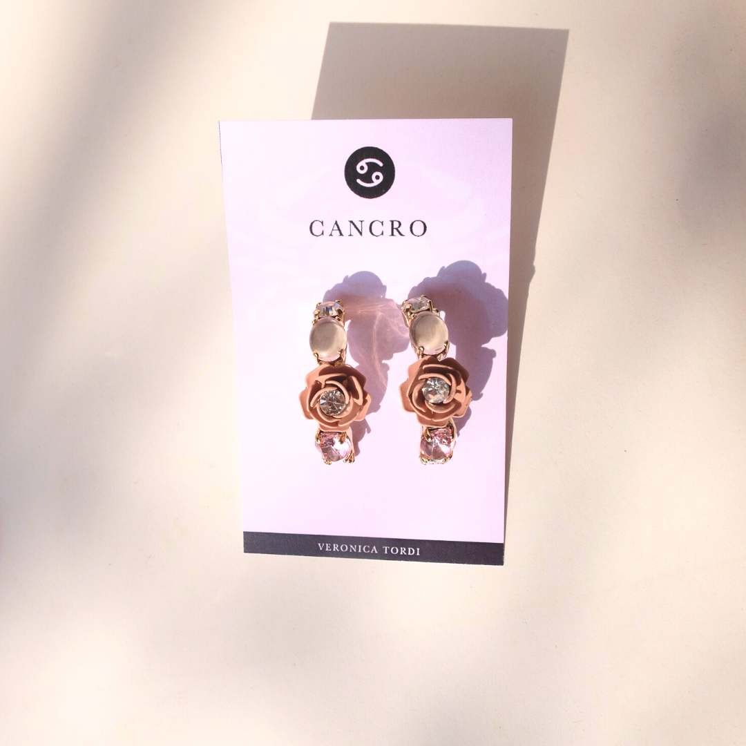 "Cancer" Hoop Earrings with Pink Camellia and Crystals