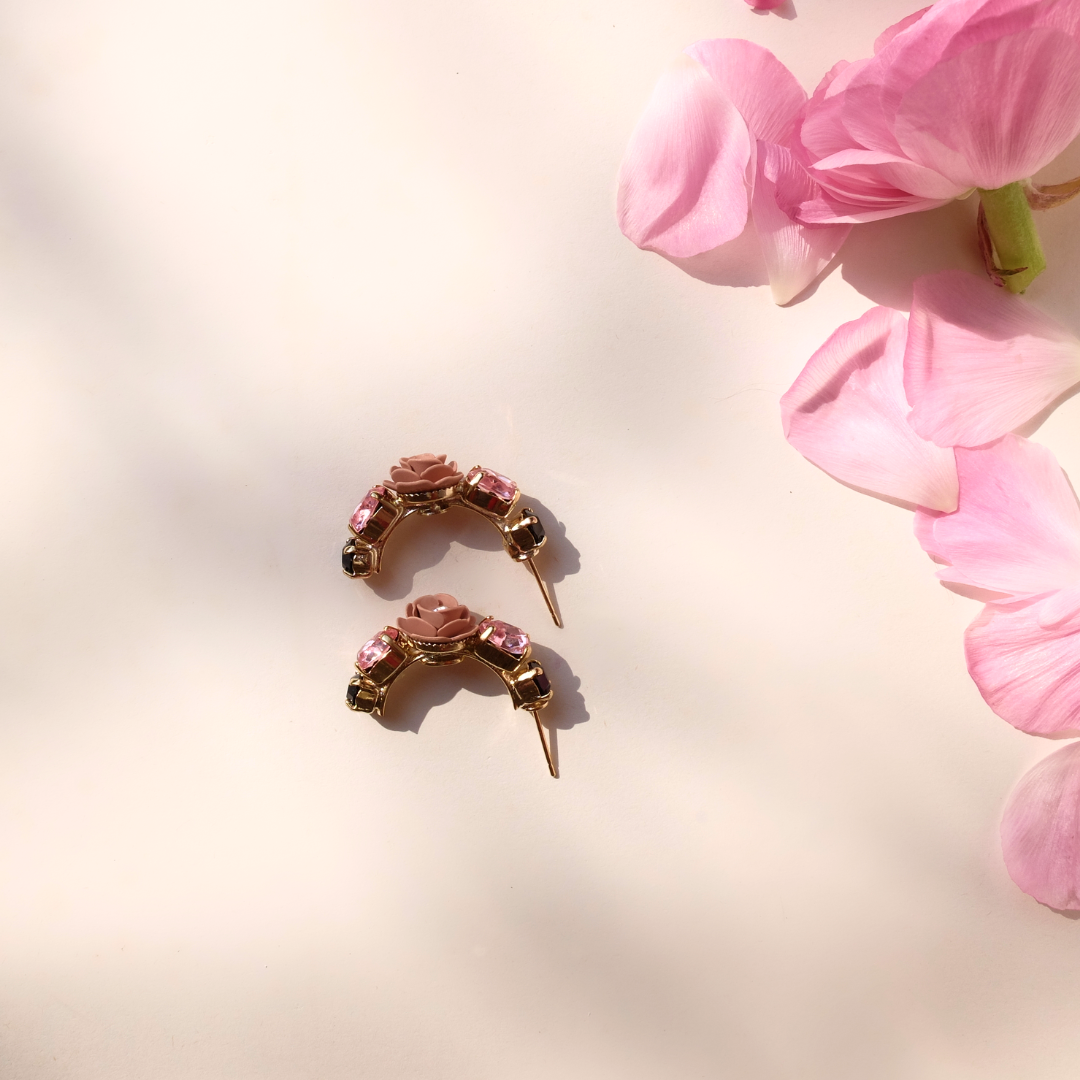 "Scorpio" Hoop Earrings with Pink Camellia and Black Crystals