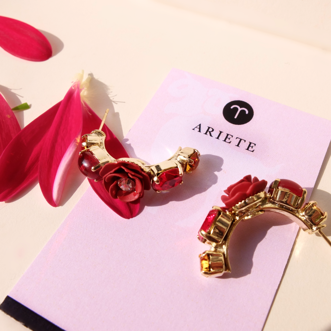 "Aries" Hoop Earrings with Red Camellia and Crystals