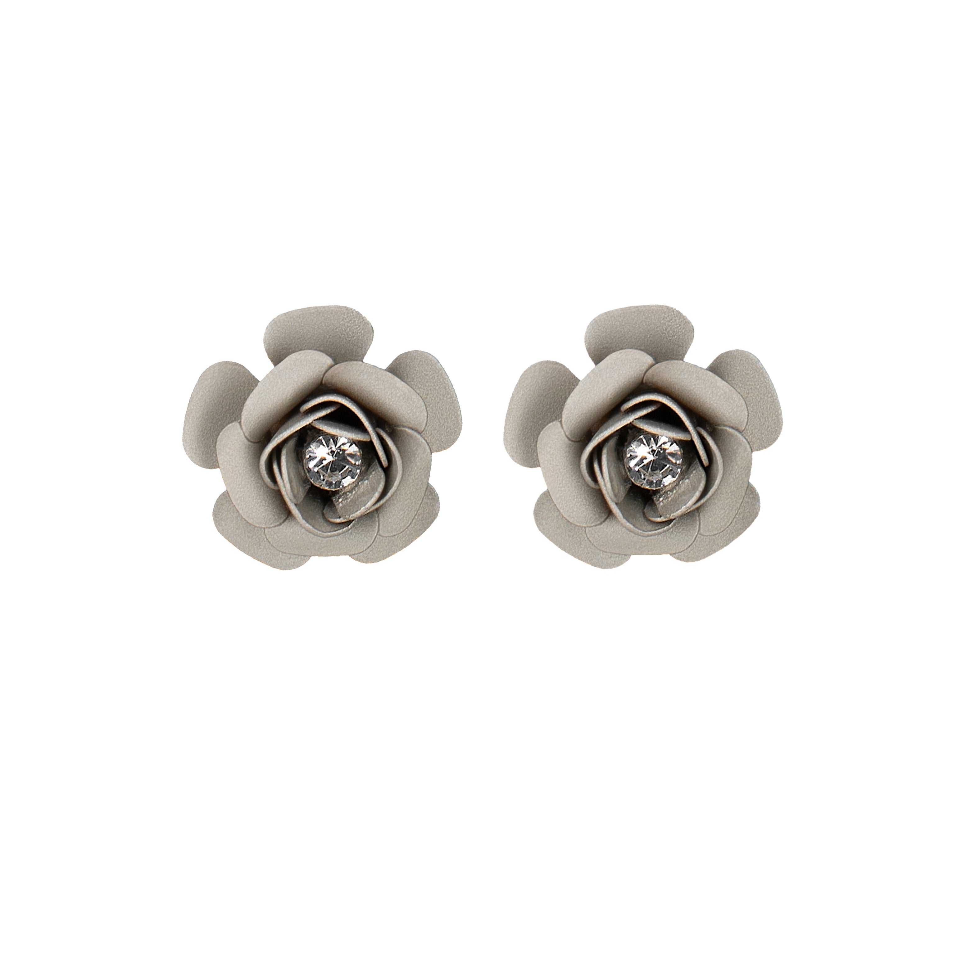 "Camelia" Stud Earrings - Metallic Platinum with Crystal 