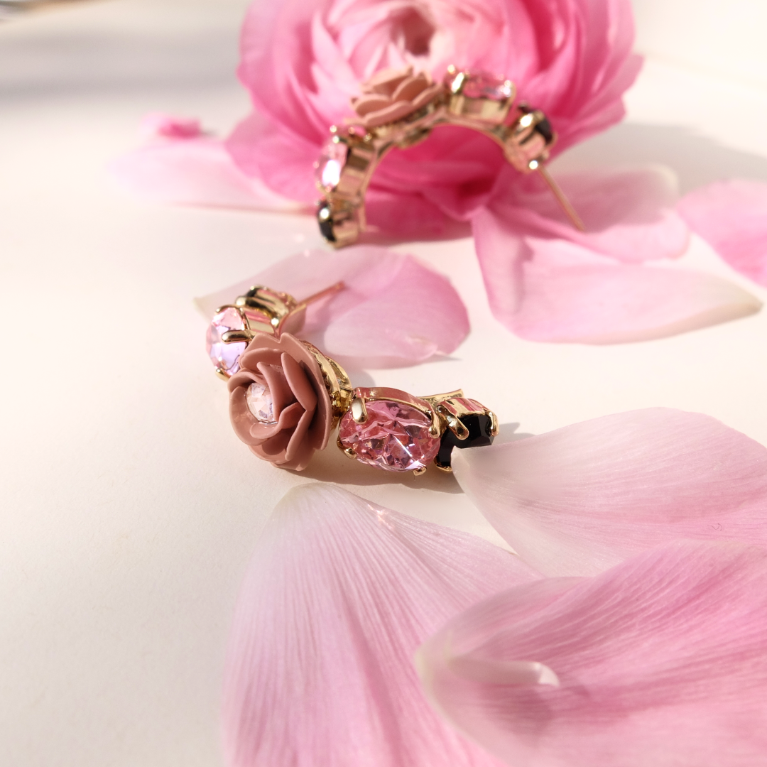 "Scorpio" Hoop Earrings with Pink Camellia and Black Crystals