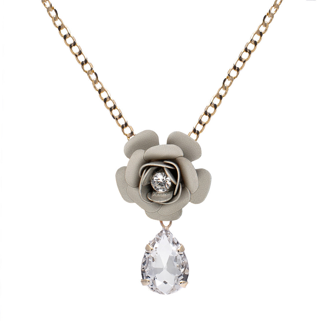 "Camelia" Pendant Necklace - Metallic Platinum with Crystal Drop 