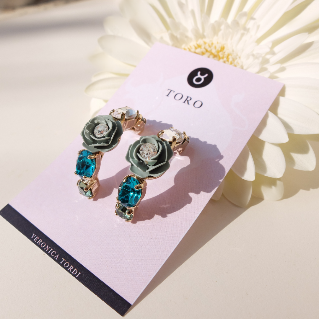 "Toro" Hoop Earrings with Sage Green Camellia and Crystals